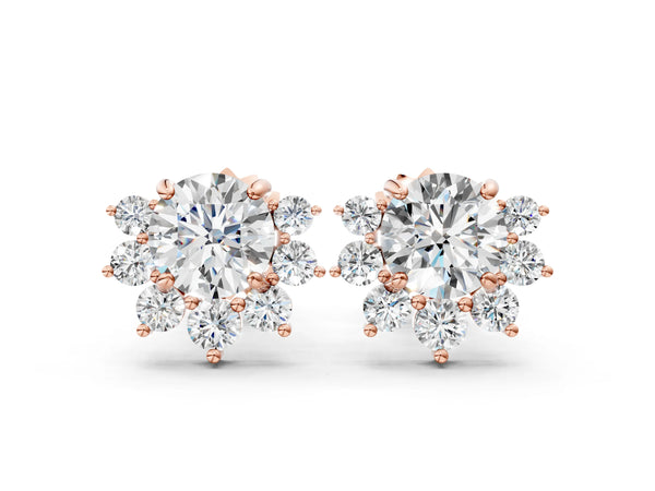Rose gold Cluster Round Diamond Stud Earrings with White Gold Band and Four-Prong Setting