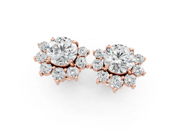 Rose gold Cluster Round Diamond Stud Earrings with White Gold Band and Four-Prong Setting