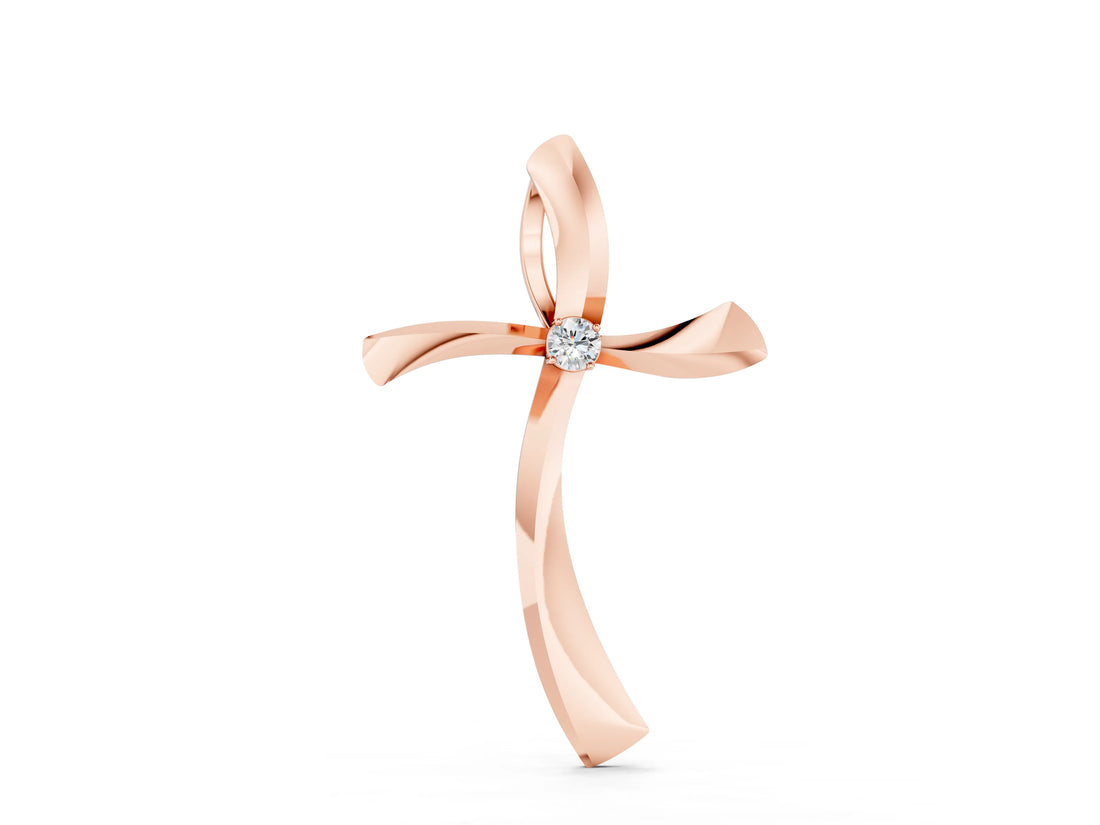 Rose gold Curved Cross Pendant with Round Diamond in Bezel Setting_36