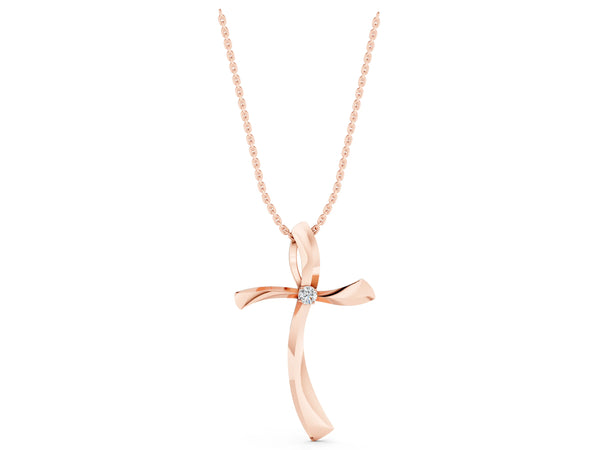 Rose gold Curved Cross Pendant with Round Diamond in Bezel Setting