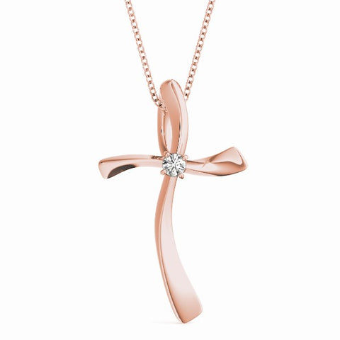 Rose gold Curved Cross Pendant with Round Diamond in Bezel Setting