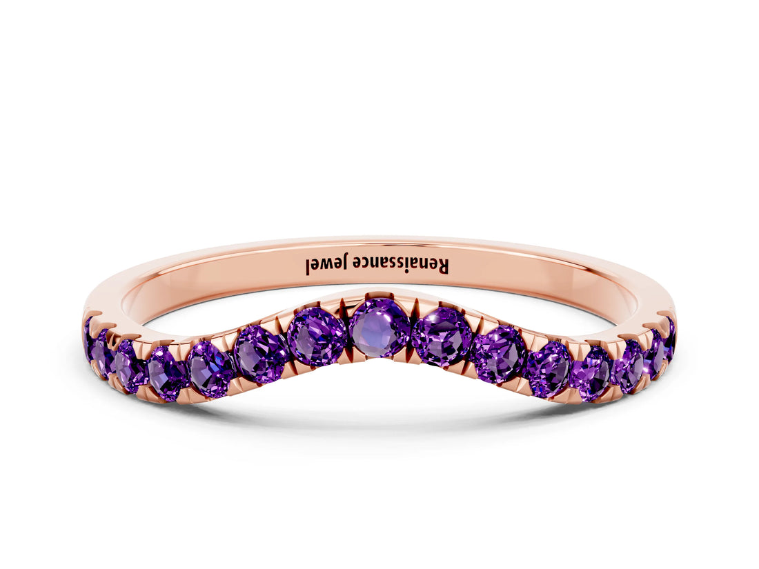Rose gold Curved Pavé Round Amethyst Wedding Band with Shared Prong Setting_6