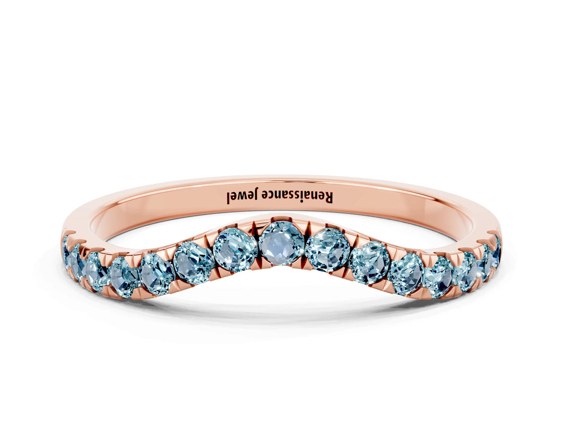 Rose gold Curved Pavé Round Aquamarine Wedding Band with Shared Prong Setting_6