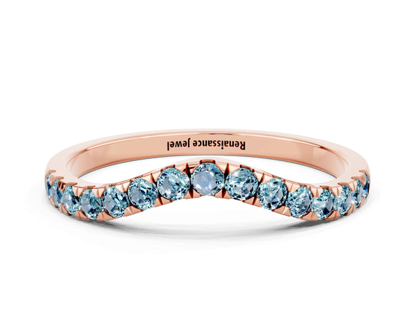 Rose Gold Round Aquamarine Curved Pave Wedding Band with Shared Prong Row