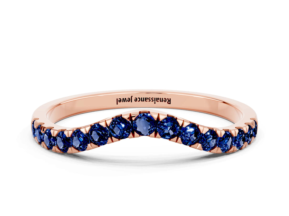 Rose gold Curved Pavé Round Blue Sapphire Wedding Band with Shared Prong Setting_6