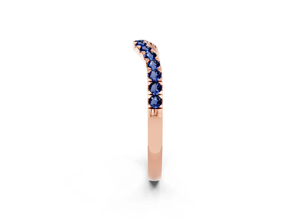 Rose Gold Round Lab-Grown Blue Sapphire Curved Pave Wedding Band with Shared Prong Row