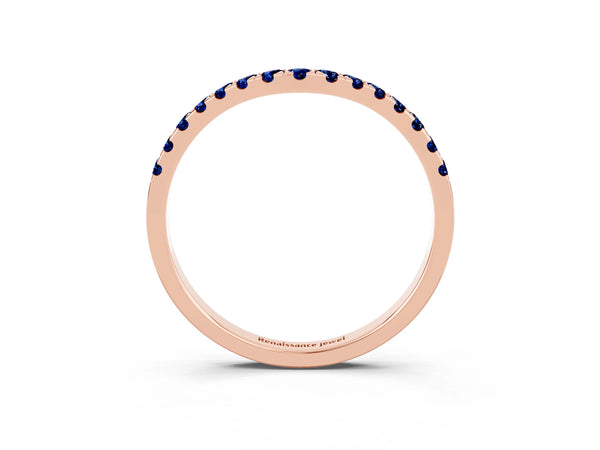 Rose Gold Round Lab-Grown Blue Sapphire Curved Pave Wedding Band with Shared Prong Row