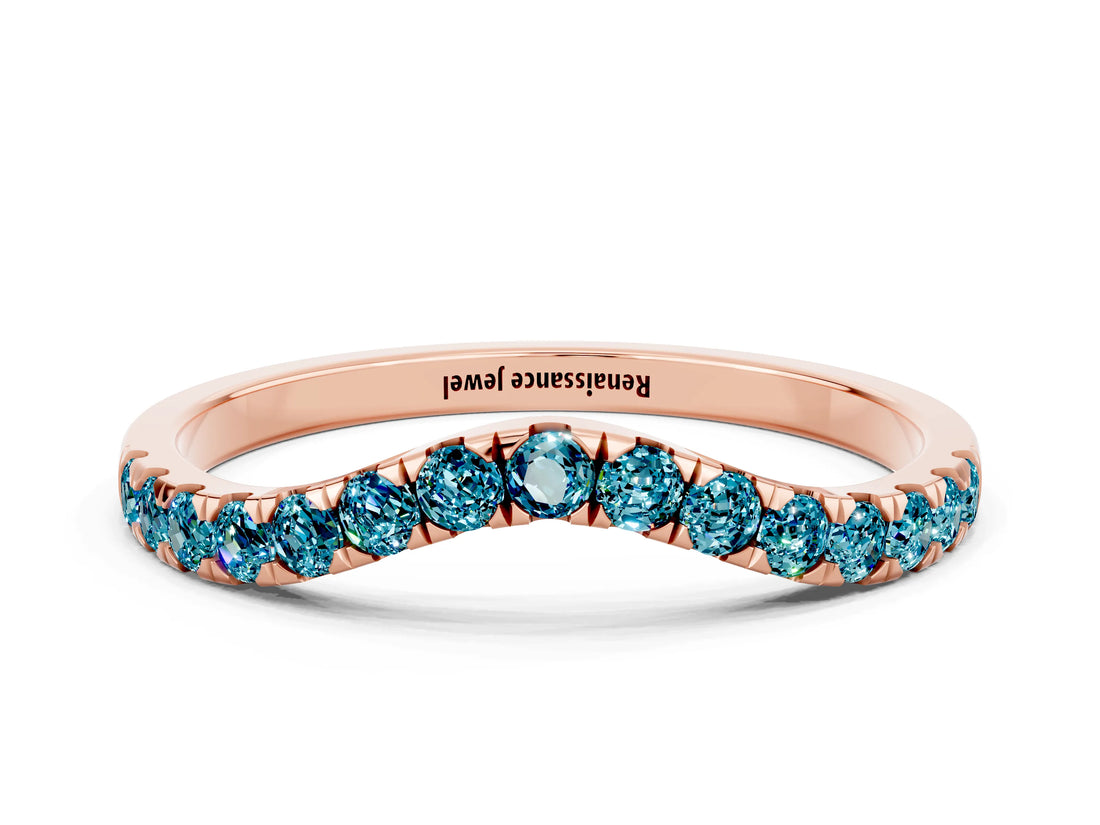 Rose gold Curved Pavé Round Blue Topaz Wedding Band with Shared Prong Setting_6