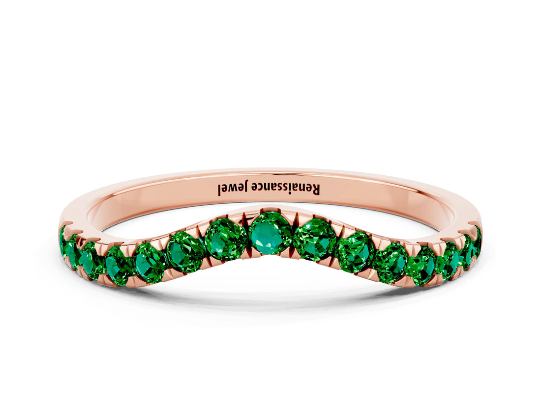 Rose gold Curved Pavé Round Emerald Wedding Band with Shared Prong Setting_6