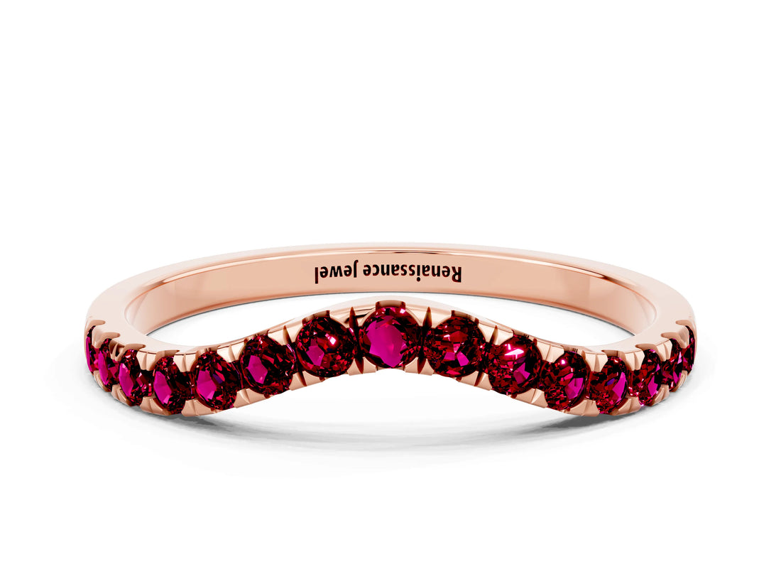 Rose gold Curved Pavé Round Garnet Wedding Band with Shared Prong Setting_6