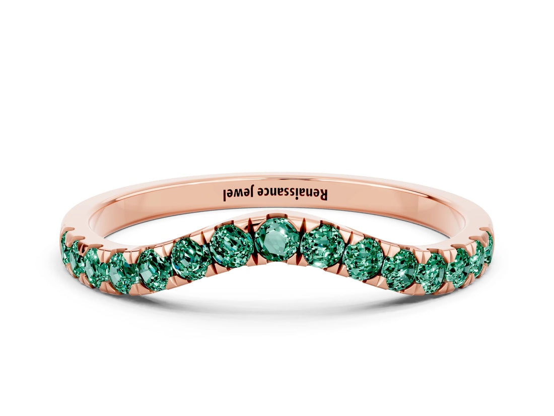 Rose gold Curved Pavé Round Green Sapphire Wedding Band with Shared Prong Setting_6