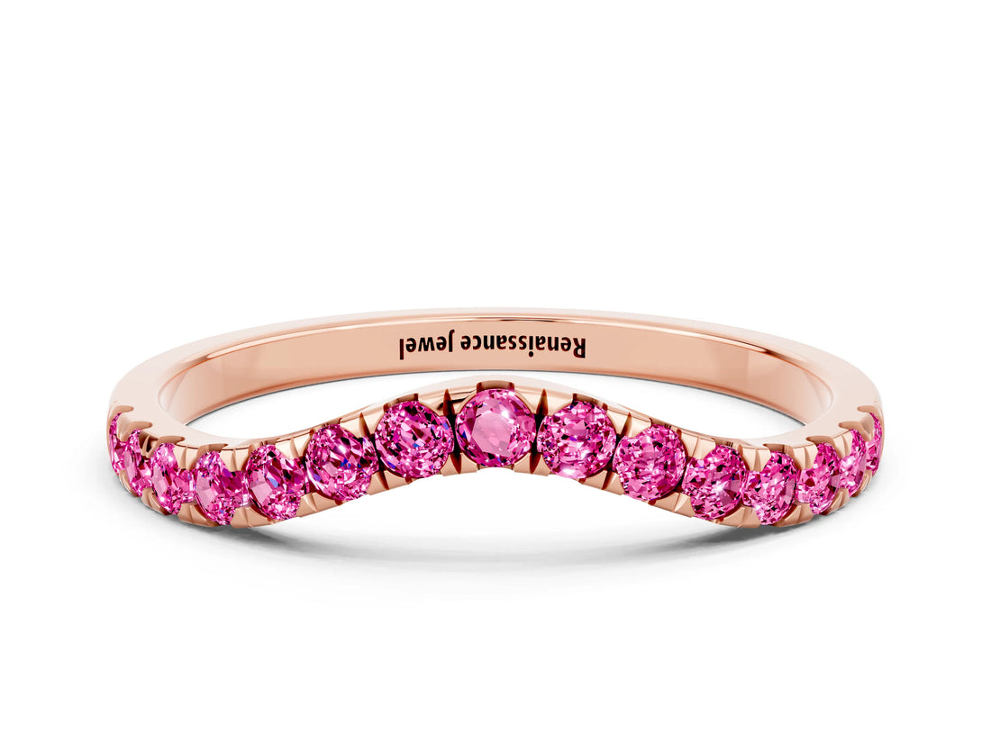 Rose gold Curved Pavé Round Pink Sapphire Wedding Band with Shared Prong Setting_18