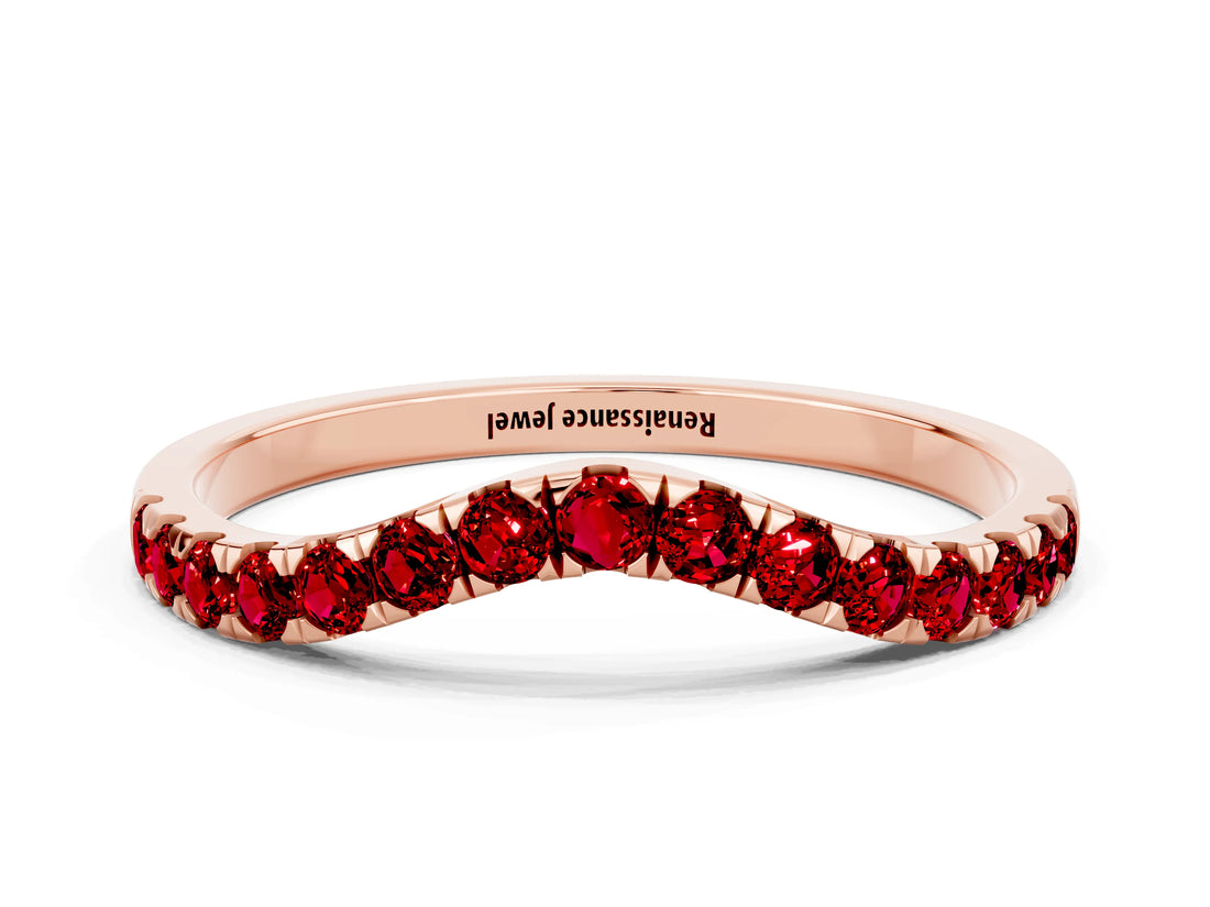 Rose gold Curved Pavé Round Ruby Wedding Band with Shared Prong Setting_6