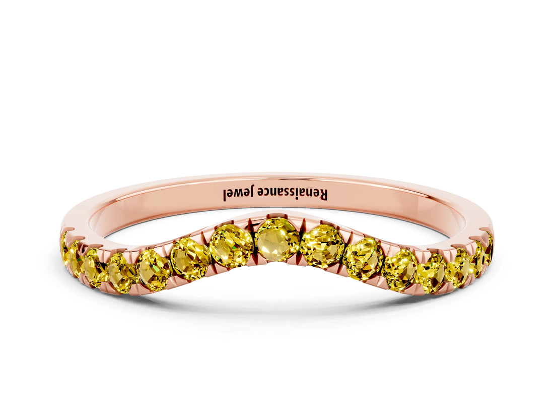 Rose gold Curved Pavé Round Yellow Sapphire Wedding Band with Shared Prong Setting_18
