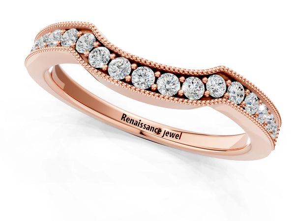Rose gold Curved Round Diamond Band with Milgrain Pavé Setting