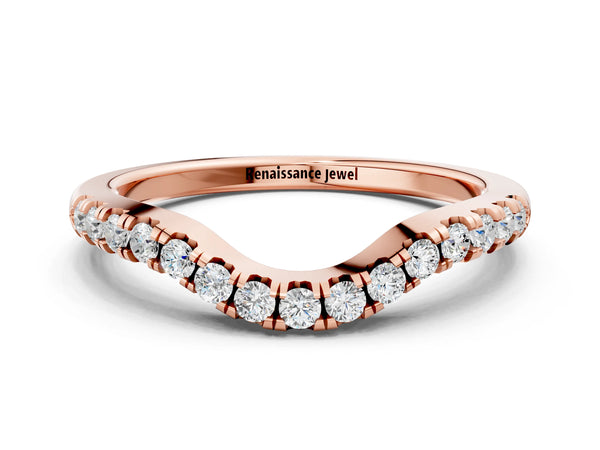 Rose gold Curved Round Diamond Wedding Band with Pavé Setting and Shared Prong
