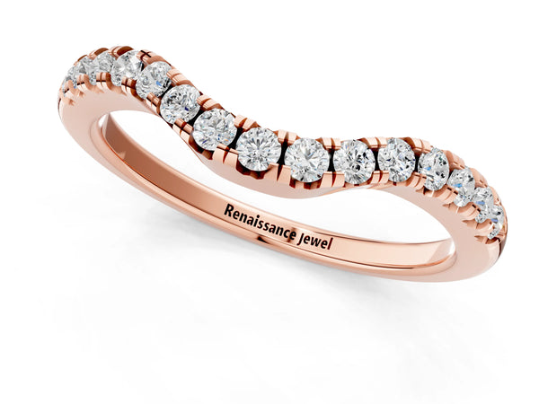 Rose gold Curved Round Diamond Wedding Band with Pavé Setting and Shared Prong