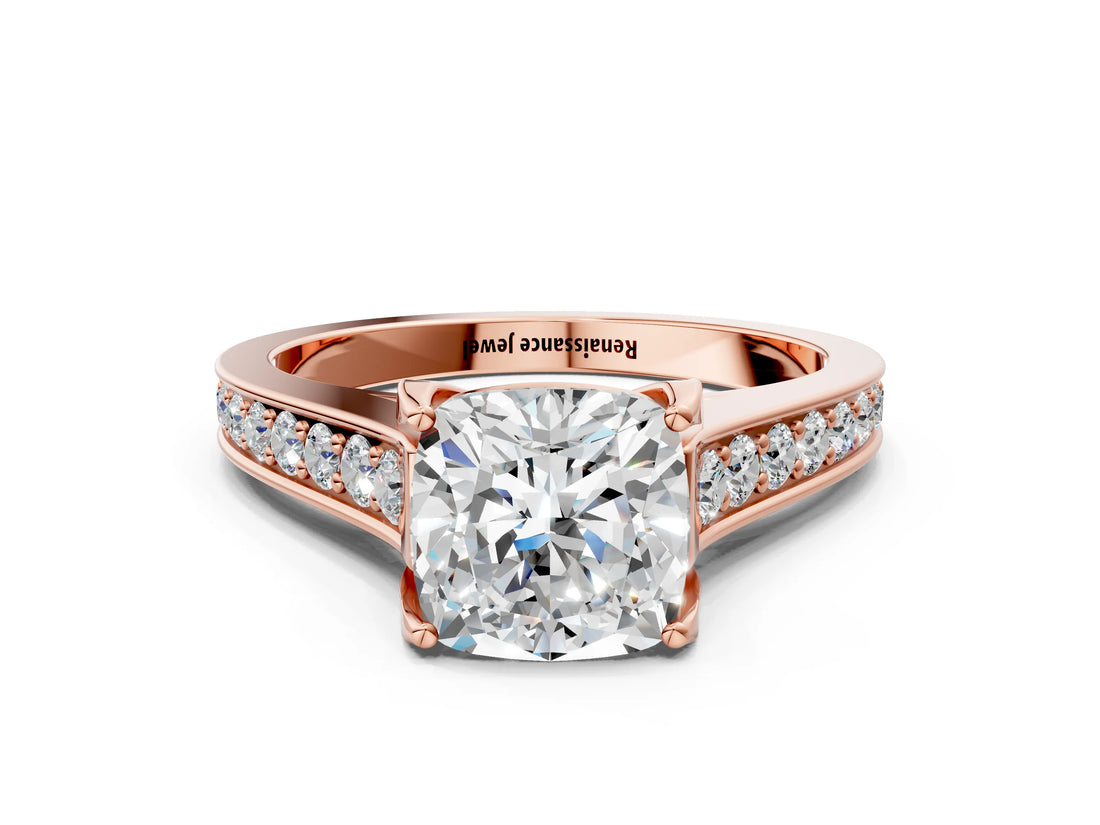 Rose gold Cushion Brilliant Cut Diamond Engagement Ring with Pavé Band and Four-Prong Setting_58