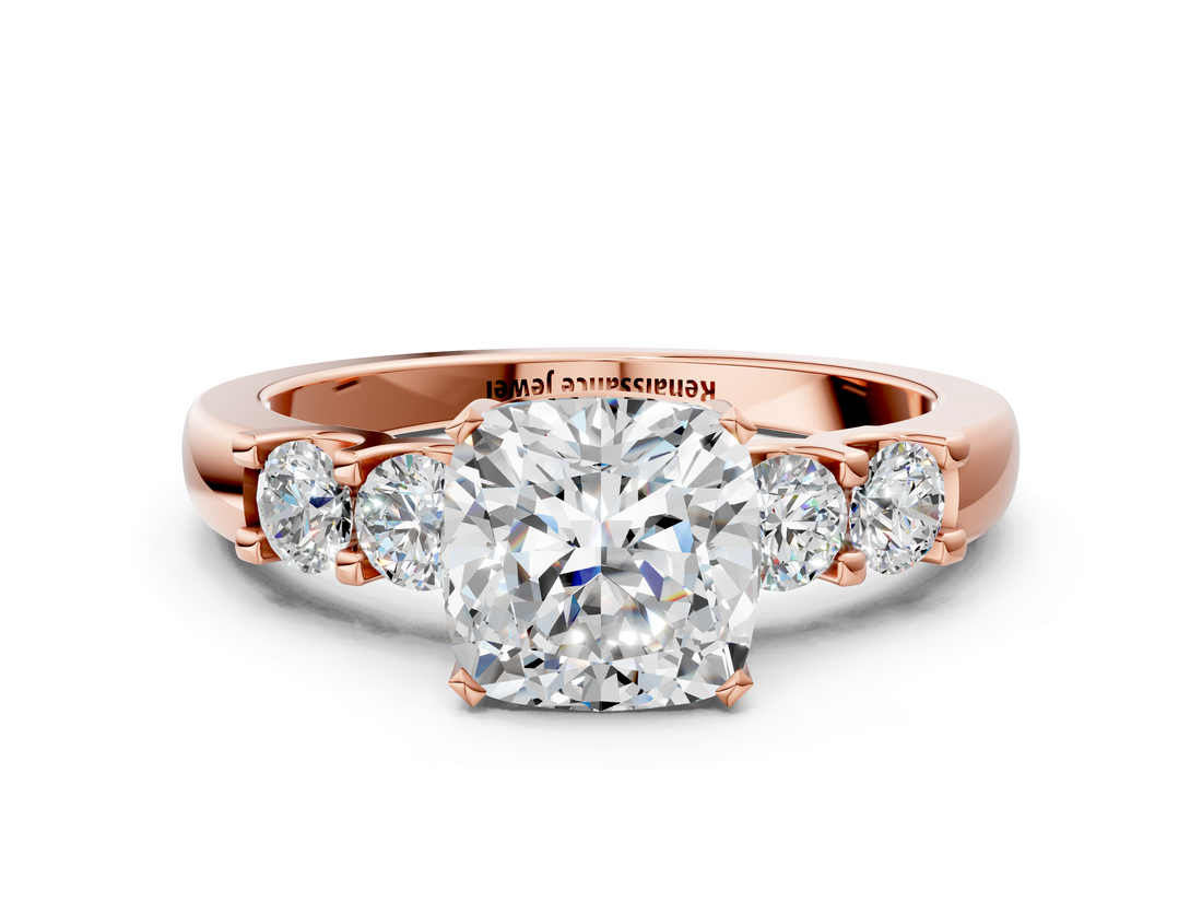 Rose gold Cushion Brilliant Cut Diamond Five-Stone Prong Set Engagement Ring with Channel Band_23