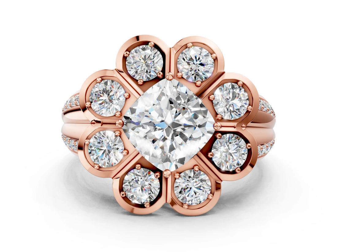 Rose gold Cushion Brilliant Flower Halo Diamond Split Shank Ring_105