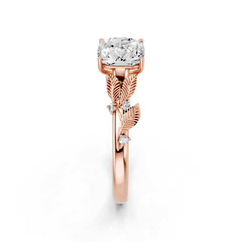 Rose gold Cushion Brilliant Solitaire with Leaf Motif Band and Four-Prong Setting_10