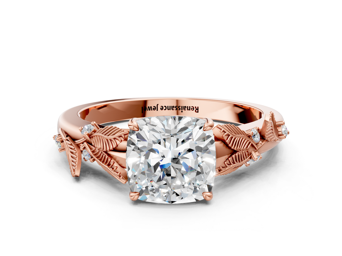 Rose gold Cushion Brilliant Solitaire with Leaf Motif Band and Four-Prong Setting_73