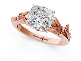 Rose gold Cushion Brilliant Solitaire with Leaf Motif Band and Four-Prong Setting_74