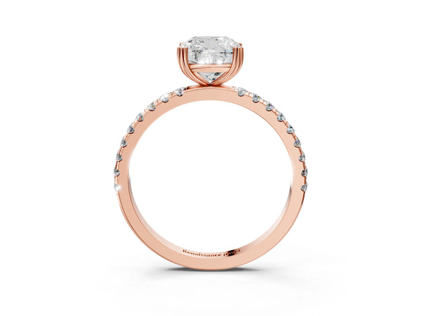 Rose gold Cushion Brilliant Solitaire with Pavé Band and Claw Prong Setting