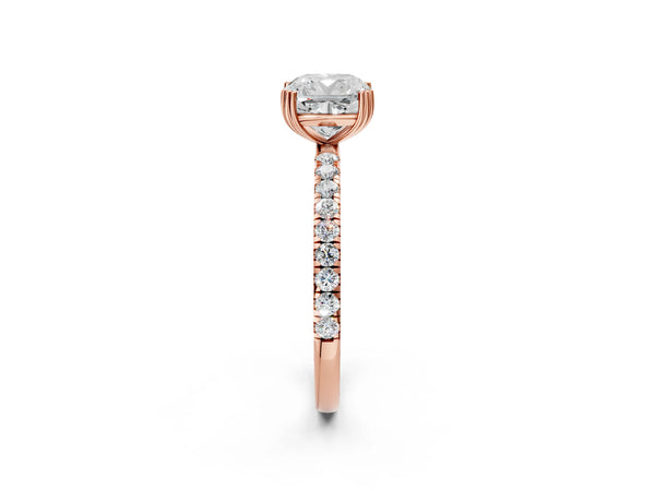 Rose gold Cushion Brilliant Solitaire with Pavé Band and Claw Prong Setting
