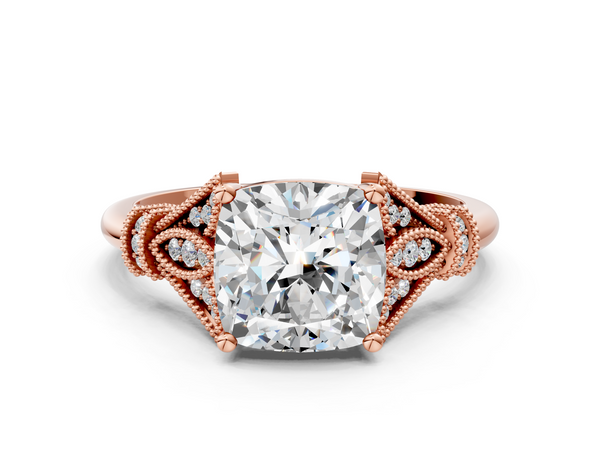 Rose gold Cushion Diamond Solitaire Ring with Floral Filigree and Pave Accents