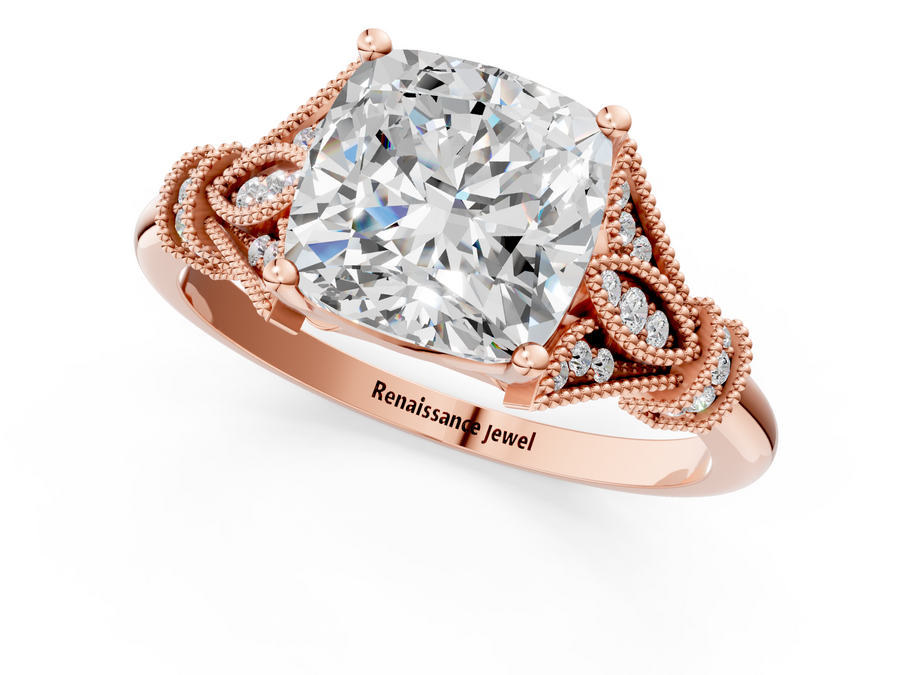 Rose gold Cushion Diamond Solitaire Ring with Floral Filigree and Pave Accents