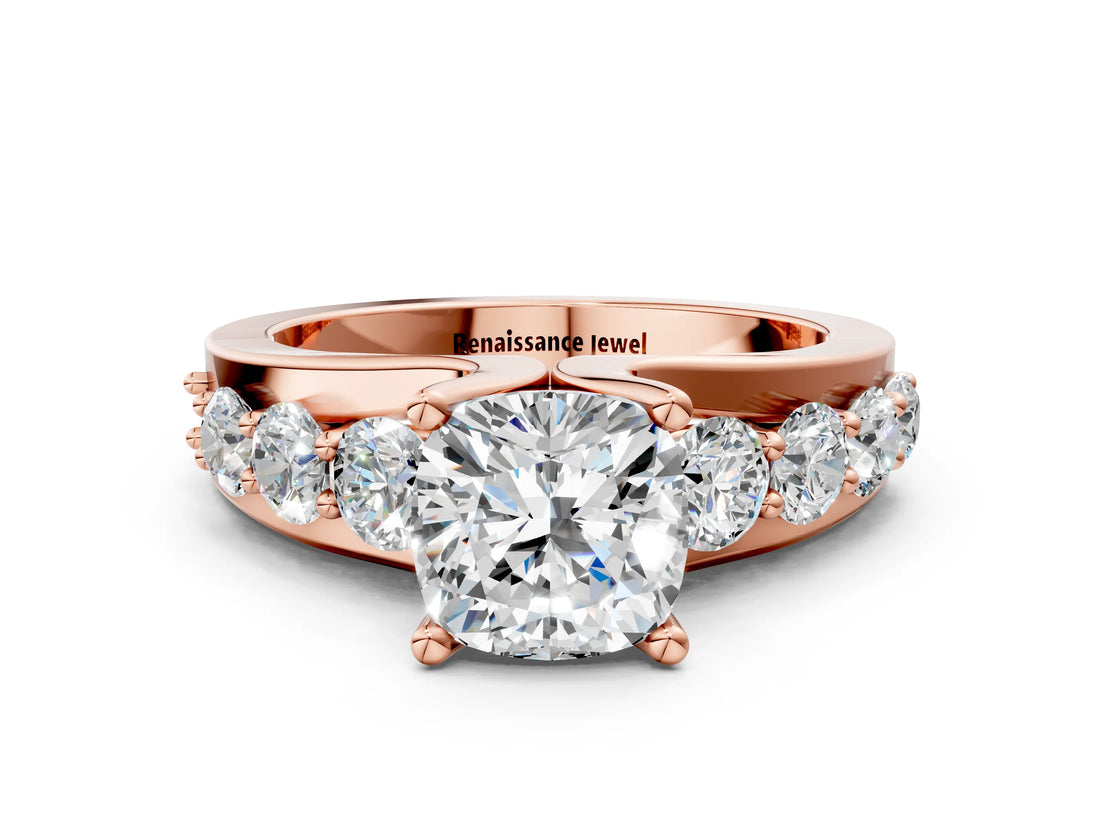 Rose gold Cushion Brilliant Solitaire with Side Stones on a Pave Band and Four-Prong Setting_24