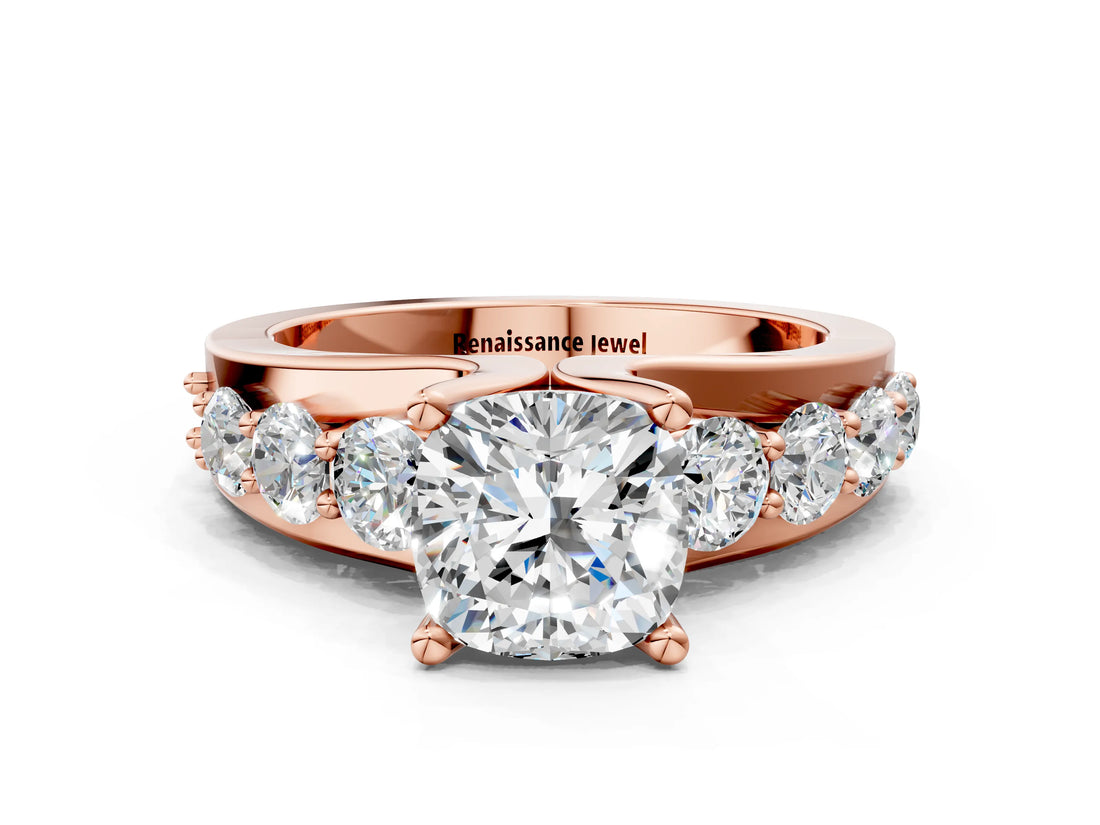 Rose gold Cushion Brilliant Solitaire with Side Stones on a Pave Band and Four-Prong Setting_49