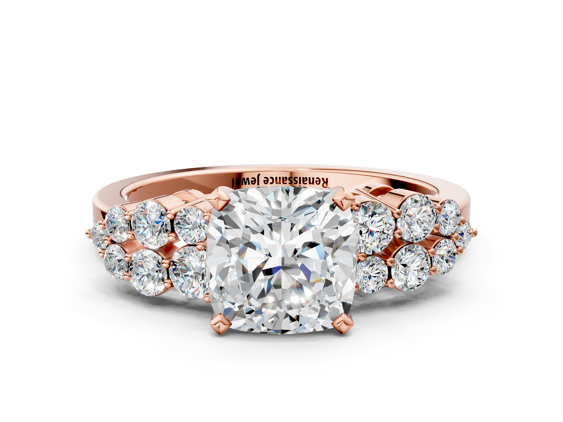 Rose gold Cushion Cluster Diamond Engagement Ring with Pavé Band and Four-Prong Setting_71