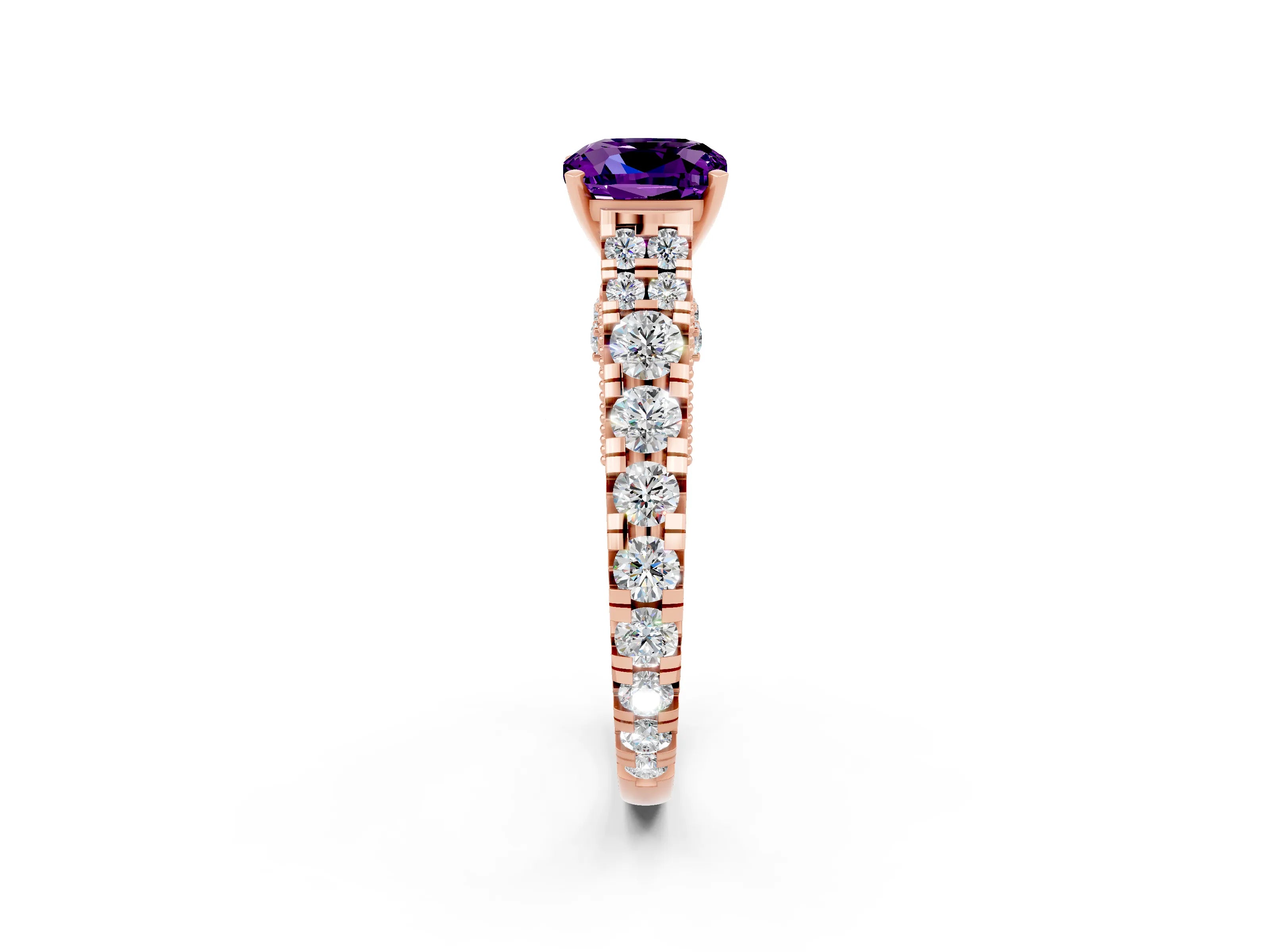 Rose gold Cushion Cut Amethyst Classic Solitaire Ring with Pavé Band and Four-Prong Setting_2