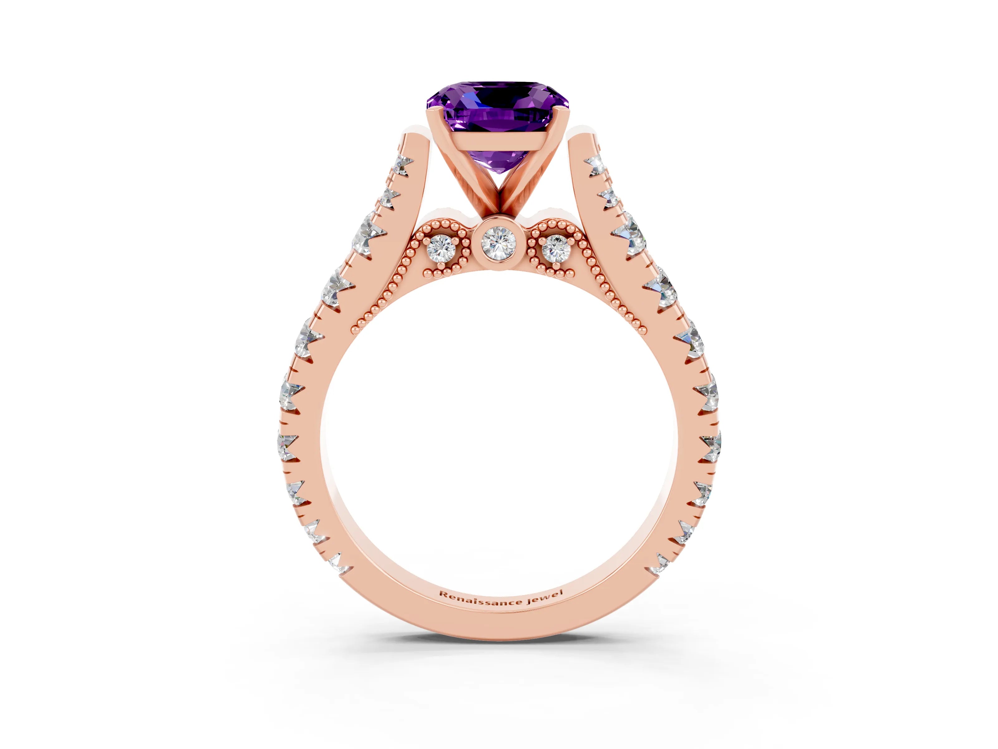 Rose gold Cushion Cut Amethyst Classic Solitaire Ring with Pavé Band and Four-Prong Setting_3
