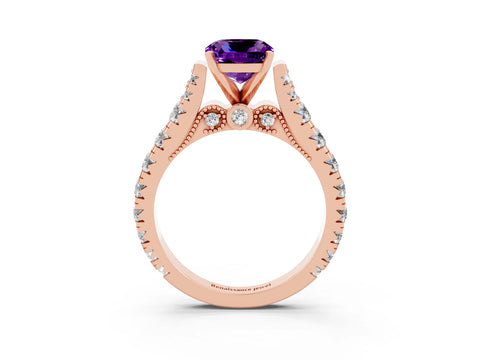 Rose gold Cushion Cut Amethyst Classic Solitaire Ring with Pavé Band and Four-Prong Setting_3