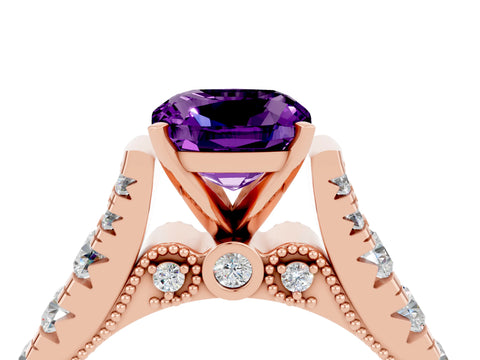 Rose gold Cushion Cut Amethyst Classic Solitaire Ring with Pavé Band and Four-Prong Setting_4