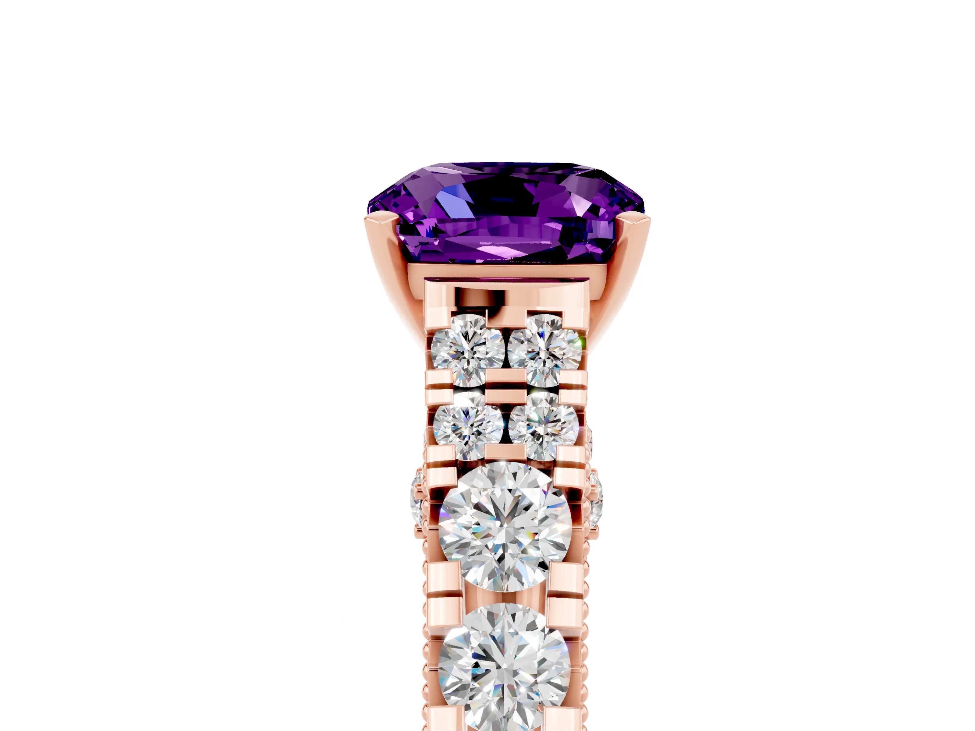 Rose gold Cushion Cut Amethyst Classic Solitaire Ring with Pavé Band and Four-Prong Setting_5