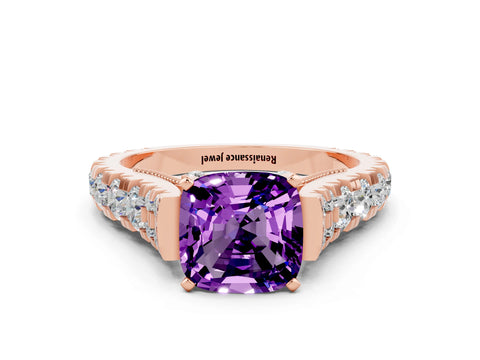 Rose gold Cushion Cut Amethyst Classic Solitaire Ring with Pavé Band and Four-Prong Setting