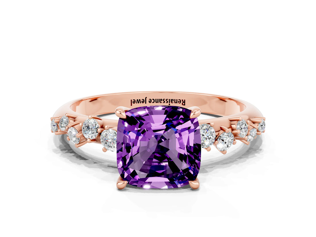Rose gold Cushion Cut Amethyst Cluster Side Stone Solitaire Ring with Prong Setting_24