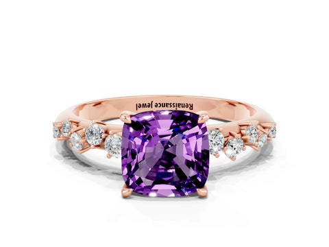 Rose gold Cushion Cut Amethyst Cluster Side Stone Solitaire Ring with Prong Setting_24