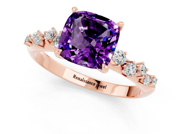 Rose gold Cushion Cut Amethyst Cluster Side Stone Solitaire Ring with Prong Setting