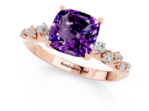 Rose gold Cushion Cut Amethyst Cluster Side Stone Solitaire Ring with Prong Setting_25