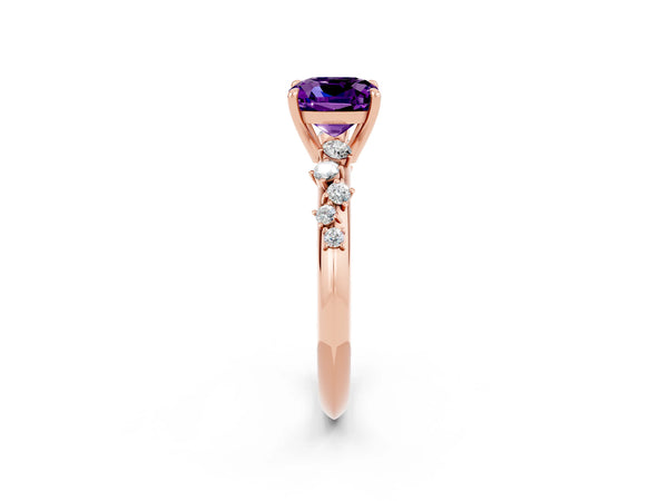 Rose gold Cushion Cut Amethyst Cluster Side Stone Solitaire Ring with Prong Setting