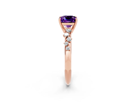 Rose gold Cushion Cut Amethyst Cluster Side Stone Solitaire Ring with Prong Setting_26