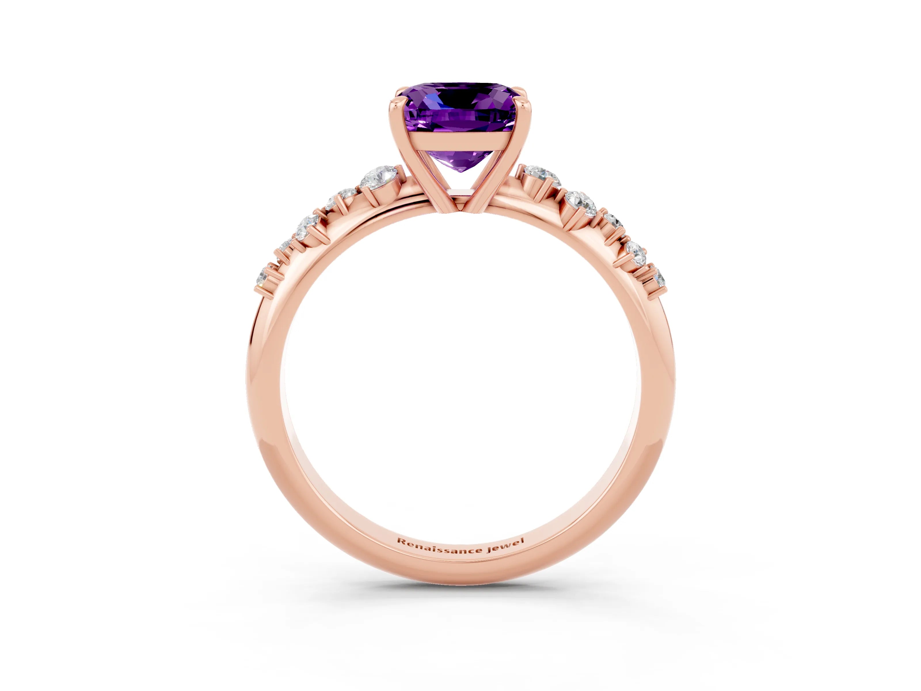 Rose gold Cushion Cut Amethyst Cluster Side Stone Solitaire Ring with Prong Setting_27