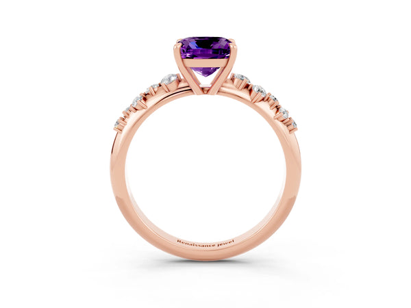 Rose gold Cushion Cut Amethyst Cluster Side Stone Solitaire Ring with Prong Setting