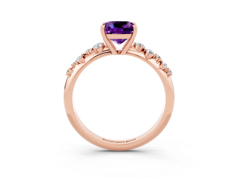 Rose gold Cushion Cut Amethyst Cluster Side Stone Solitaire Ring with Prong Setting_27