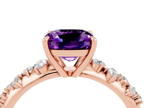 Rose gold Cushion Cut Amethyst Cluster Side Stone Solitaire Ring with Prong Setting_28